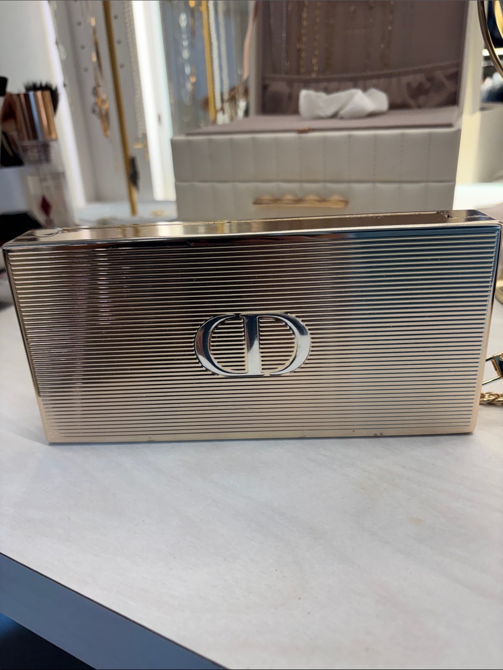 Christian Dior Metallic Gold Ribbed Clutch with CD Emblem